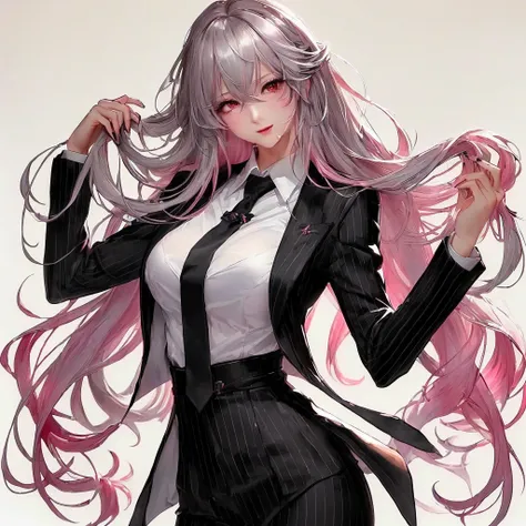 A young woman in a revealing black maid dress, with long pink hair, striking a photo shooting pose. Detailed anime-style character art depicting her blushing, sweating, making a peace sign with her fingers, eyes looking up in an embarrassed, ecstatic expre...