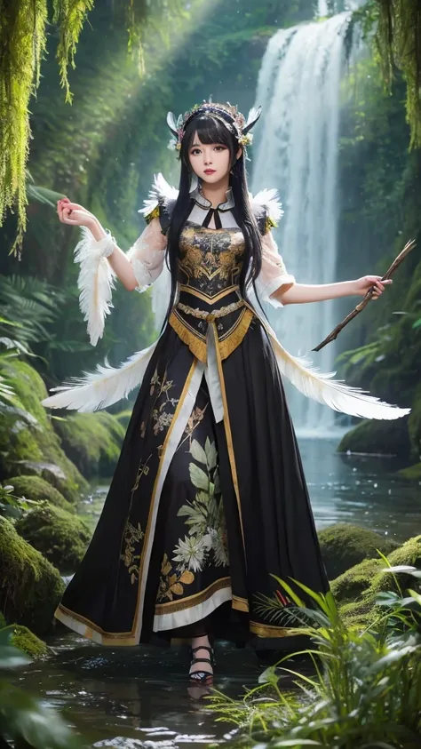 masterpiece, 最high quality, The stream is flowing,forest,Clothing made from bird feathers,birdie,Long black hair, woman, Performer, high quality, Beautiful graphics, Attention to detail