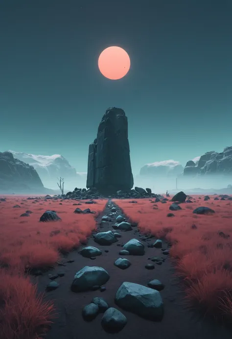 minimalist, carbonite planet, infrared picture, soft colors, sad theme, outdoors, field, giant sharp dark rocks, scenery, pale sun, fog,Simon Stlenhag style, very empty space, wery wide angle, panoramic,  (masterpiece, best quality, Professional, perfect c...