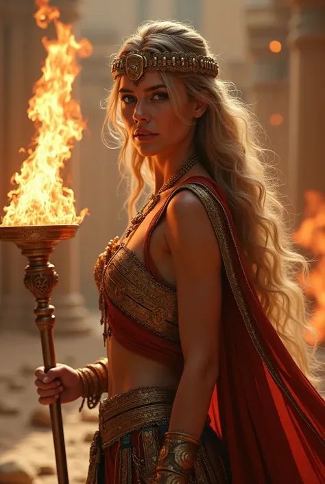 hyper-realistic 8K, iconic Persian brunette Queen , fully clothed Persian Land,  intricately detailed ancient Egypt torch, roaring flames, intense warm lighting, apocalyptic fire background, Persian Architectures , classical architecture, crumbling marble,...