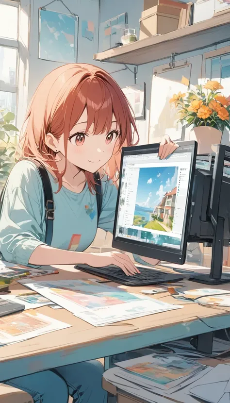 An illustration showing an artist creating digital, workspace background, cartoon style, with flowers, work computer creating image