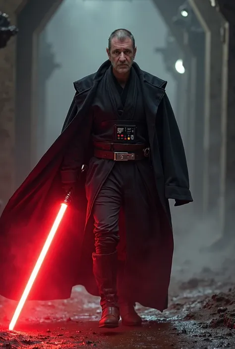 Mel Gibson as a Sith Lord,, red lightsaber,, imposing,, advancing,,