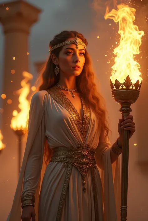 hyper-realistic 8K, iconic Persian brunette Queen , fully clothed Persian Land,  intricately detailed ancient Egypt torch, roaring flames, intense warm lighting, apocalyptic fire background, Persian Architectures , classical architecture, crumbling marble,...