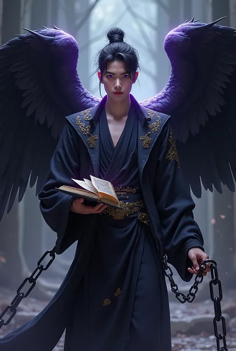 Young guy, handsome, chinese, with crow wings, holding a chains, purple eyes, holding a spell book