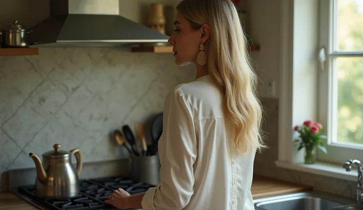 Woman with long wavy blond hair, dressed in long white mans long shirt, gold earrings, ((beautiful) ((legs) (showing) from under the shirt), pale skin, natural lighting, soft shadows, formal atmosphere. She is in the kitchen, her back to the camera, puttin...