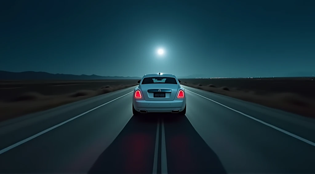 cinematic scene, wide shot view from the back of a white Rolls Royce is accelerating toward the horizon on the road, during the night, 4k realistic