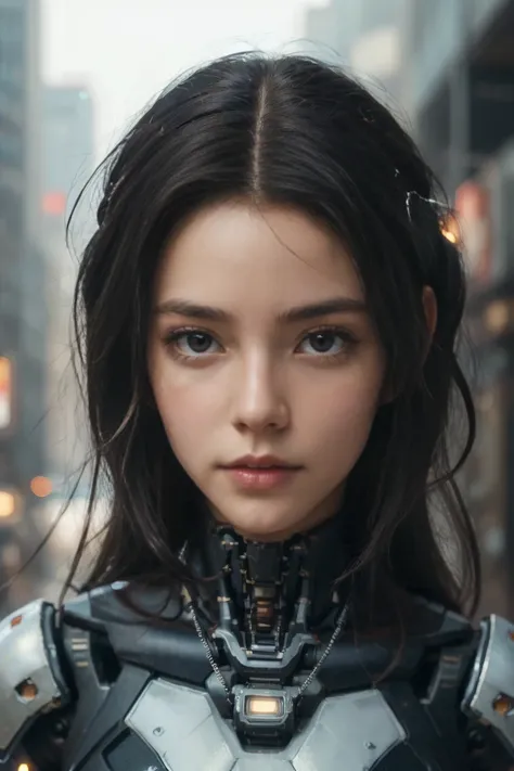 ((masterpiece、Best Quality、Highest quality、High resolution、Real、RAW Photo 8k))、((SF、Cyberpunk cityscape:1.2))、(European Girls)、Bright navy blue eyes、Sharp Eye、Thin Nose、Beautiful Face、1 female、Beautiful girls、Teenager、(Black Hair、Straight Long Hair:1.2)、(c...