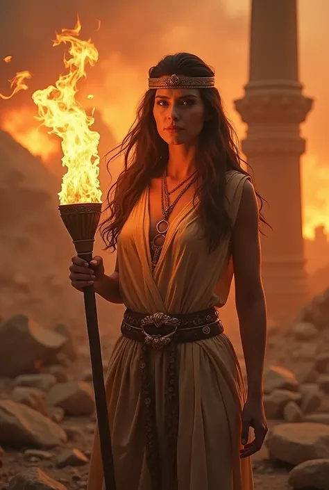 hyper-realistic 8K, iconic Sumerian brunette Queen , fully clothed, Sumerian Land,  burn everything, intricately detailed ancient Sumerian torch, roaring flames, intense warm lighting, apocalyptic fire background, Sumerian Architectures , classical archite...