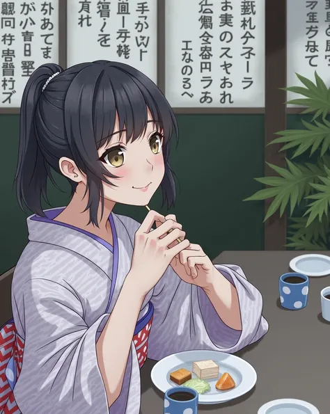 there is a woman sitting at a table with a plate of food, shikamimi, Chiho, shinsui ito, in kimono, Yoshitomo Nara, sakimichan, Beasts, The motto is Teshirogi, Kimi Takemura, A, Ka, Sa, Ta, Na, Ha, On 