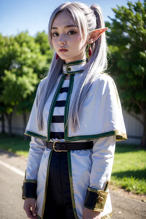 frieren, frieren, extremely detailed face, long hair, twintails, (green eyes:1.5), grey hair, pointy ears, elf,
BREAK shirt, long sleeves, jewelry, pantyhose, earrings, striped, black pantyhose, capelet, striped shirt,
BREAK outdoors, sky, nature,
BREAK lo...