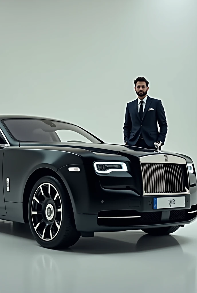 Make a YouTube thumbnail, a man standing besides Rolls-Royce car . Looking at camera size 16:9. Tital "Rolls Royce car" . 