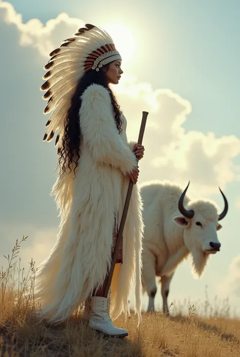 The sun shines，The sun has a halo，There is a brave woman，long black curly hair，Indian chief hat with white feathers on his head.，White clothes white fur coat，Wearing white thick fur boots，Facing forward，He lowered his head，Look at the Indian pipe with a lo...