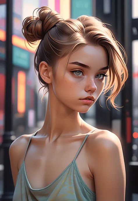 (cinematic photo: 1.3) from (really: 1.3), (comfortable: 1.3) beautiful 1 girl, (difficult messy bun of light brown hair), высок...