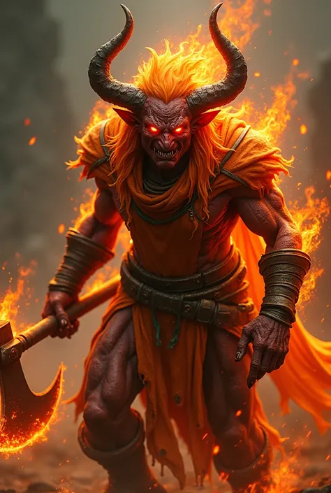 Create a character with empty red eyes, with orange hair of burning flames, two horns, one cut in half, various scars on the face, an orange armor forged in the incandescent lava with infernal ore and a war axe that sets his enemies on fire with a rambling...