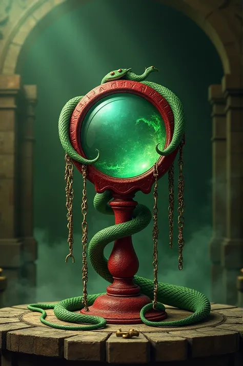 A red magnifying glass was wrapped around a green snake and there were seven ancient chains on the magnifying glass