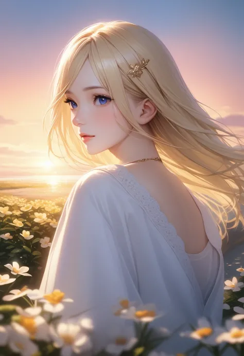 (masterpiece),(Best Quality:1.2),One girl in underwear(1.3),Exquisite detail, Best Qualityの8K解像度, Very detailed, Realistic, Vibrant colors, Soft Tone, Warm and gentle lighting,,Big Sunset,(Smooth and straight blonde hair:1.2),(Hair parted in the middle:1.3...