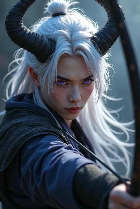 Young guy, handsome, chinese, purple eyes, holding a bow, devil horns, white hair