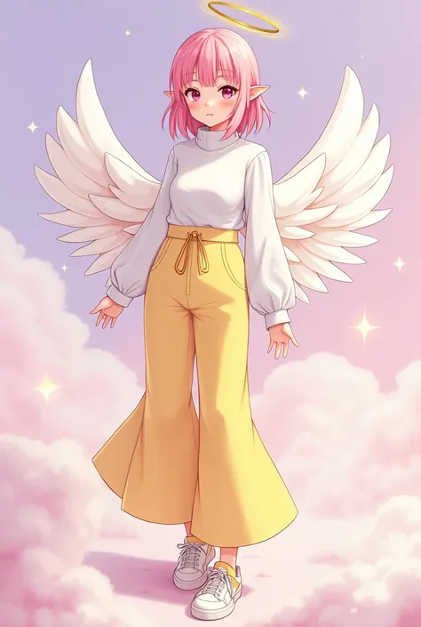 Female character,with pink hair with bangs,with white turtleneck blouse,with yellow angelic pants,with sneakers,with the name yumi on the lilac background 