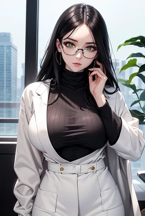 Pure white skin woman, big breasts, black hair. His eyes are yellow with green slit pupils.. With human-framed glasses,Her eyelids are black which gives the appearance of eye shadow.. huge breasts, guide Grandes.

He wears a white turtleneck sweater with a...