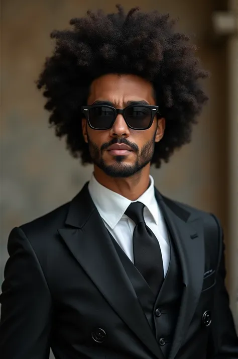 White man with afro haircut, qui porte un costume magnifique et des lunettes noires 