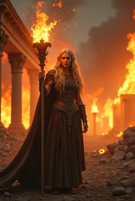 hyper-realistic 8K, iconic Viking Queen , fully clothed, Nordic Land,  burn everything, intricately detailed ancient Viking torch, roaring flames, intense warm lighting, apocalyptic fire background, Nordic Architectures , classical architecture, crumbling ...