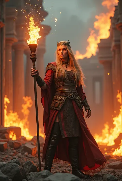 hyper-realistic 8K, iconic Viking Queen , fully clothed, Nordic Land,  burn everything, intricately detailed ancient Viking torch, roaring flames, intense warm lighting, apocalyptic fire background, Nordic Architectures , classical architecture, crumbling ...