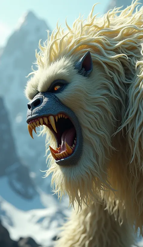 (photorealism:1.2), A Montrous yeti type creature. Sinister look ,  He is covered with thick, whitish yellow entangled fur. The snarling expression and bared teeth .Close view of his face in side profile In a Mountainous habitat. 
