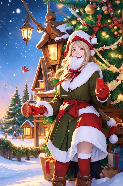 ((masterpiece, best quality, extremely detailed, absurdres))Christmas tree、snow、Female Santa Claus、Anime illustration、