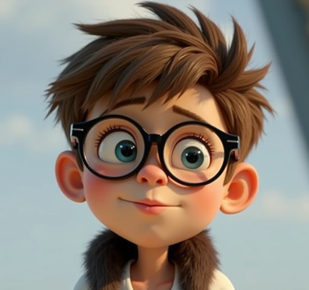 Close-up of a young character with brown hair, round face, big cheeks, hair parted in the middle, realistic, messy hair and blue eyes, wearing round black glasses, white shirt, hand on chin, thinking about something, curious, head tilted up, looking up, mo...