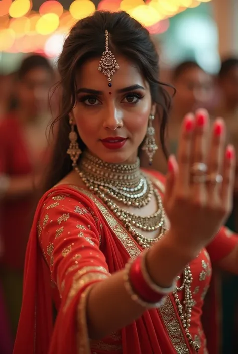 beautiful white skin tone young pakistani woman,glowing skin body, hazal colour eyes, long nails and silver ring,mini bindi,glitter eyeshadow, dark red lipstick, silver meenakari kundan big size heavy choker,wear Navratri ghaghra choli, full body,she playi...