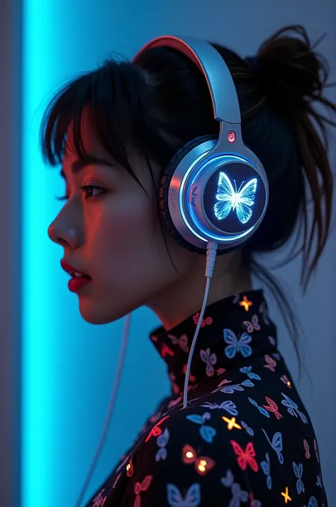 Your headphones are an iconic accessory, mixing style and technology. They have a futuristic design with a thin metallic bow in silver tones and neon details., fitting perfectly to your ears. The cushions are decorated with soft butterfly patterns, and sma...