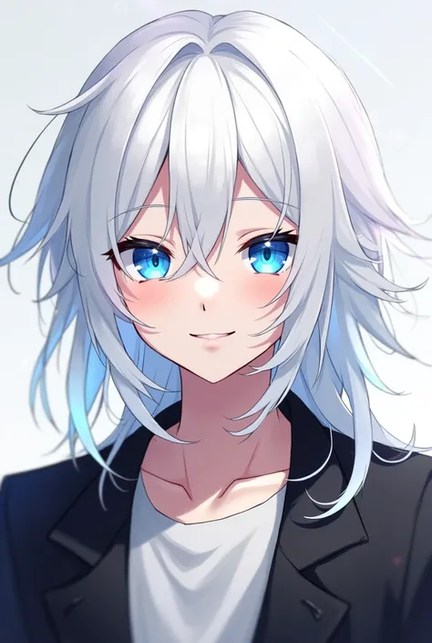 Make a anime character male
 with blue eyes and white hairs who wear black jacket smiling face 
