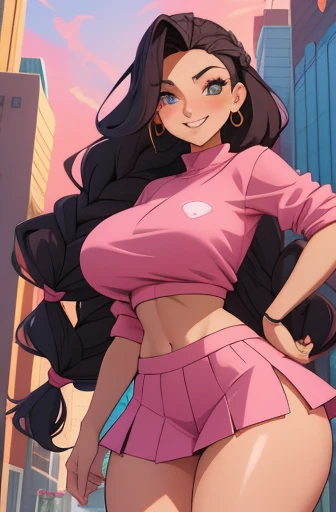 anime, 2 woman, mischievous smile, long hair, dark hair color, stylish hairstyle, side hair long lush hair, long curls of hair pulled to the sides, Braids within the hair, proportional body, huge breasts, huge hips, huge thighs, sexy body, beautiful mature...