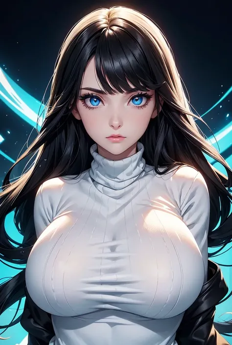 Pure white skin woman, big breasts, black hair. His eyes are yellow with blue slit pupils.. Her eyelids are black which gives the appearance of eye shadow.. huge breasts, guide Grandes.

He is wearing a dark blue turtleneck sweater.