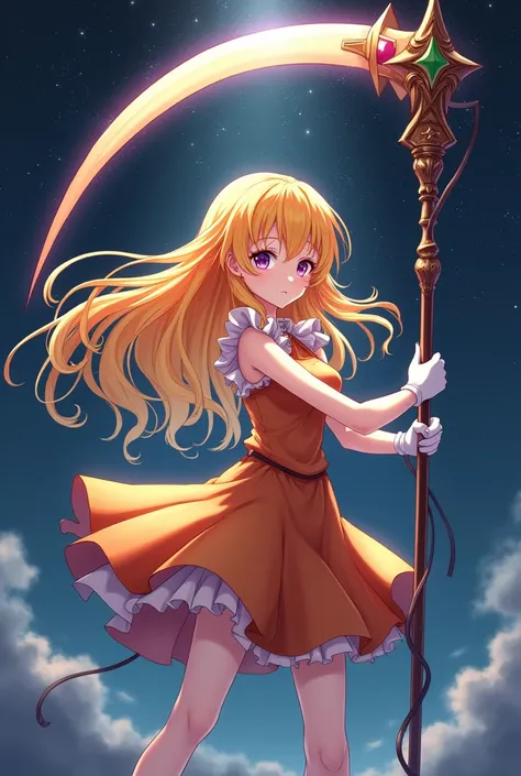 Yellow and orange long hair anime girl，White Gloves，short skirt dress，Night Sky，giant scythe