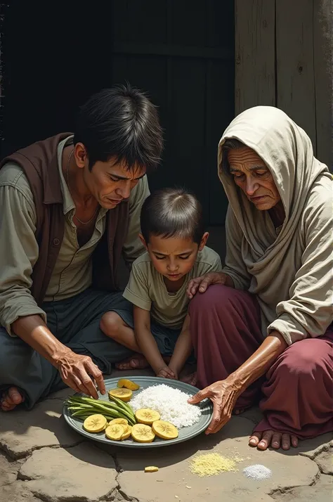 picture of a poor family of 3 is an ugly man about 30 years old, tattered clothes, a woman also about 30 years old thin, tattered clothes và một bà lão khoảng 80 tuổi quần áo rách rưới đang cùng ngồi ăn dưới đất một mâm cơm chỉ có một lùm rau chuối thái rố...