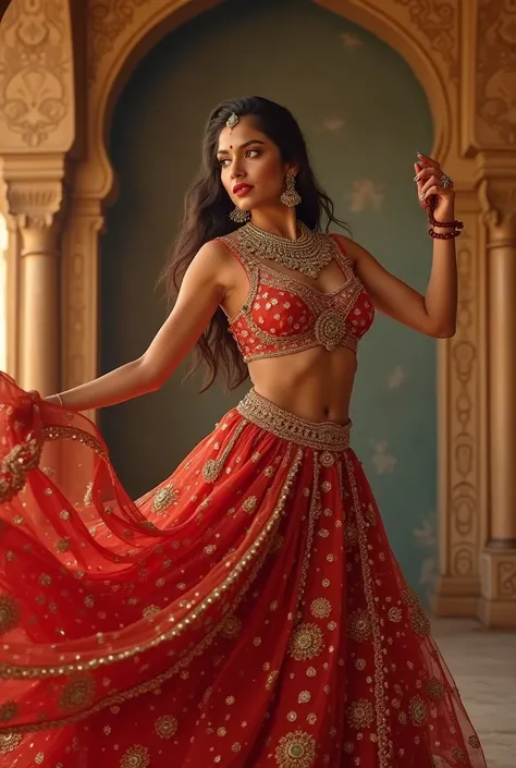 beautiful white skin tone young pakistani woman,glowing skin body, hazal colour eyes, long nails and silver ring,mini bindi,glitter eyeshadow, dark red lipstick, Royal kundan big size heavy choker,wear ghaghra choli, full body,she playing dance in mandal