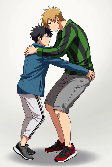 Anime Style, Tall young man,  light brown hair, Muscular, earrings, Light brown eyes, green and black striped long sleeve t-shirt, gray shorts and black and red sneakers,Facial Hugging behind the Black haired boy and blue jacket with white and black pants ...