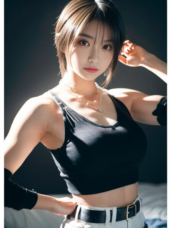 20 year old Japanese beauty，One woman、Muscular body like a bodybuilder、Emphasize the breasts、Slit eyes、A head-to-toe view，Bust is very very large、The background is a bed、High quality photos、Clear, crisp images of the lower body、Masterpiece 8k、From the fron...