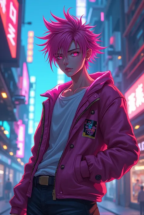 An anime male character with nean colours
