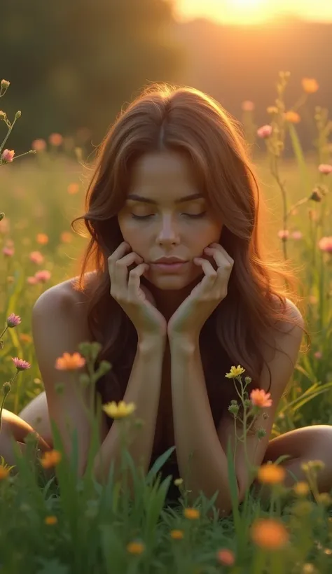 Show a fit brunette woman resting in child’s pose on her mat, with her forehead gently touching the ground. Surround her with soft grass and flowers, as the last rays of sunlight create a peaceful halo around her figure