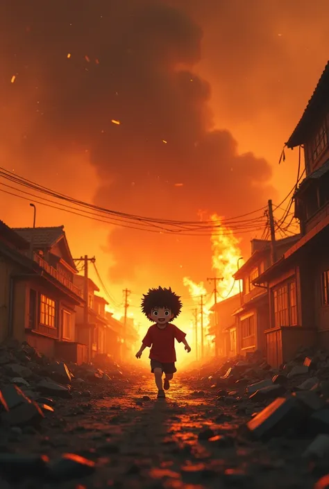 A quiet village in flames, Akira as a child, running through the destruction. His family lost. His eyes filled with rage and sorrow.*