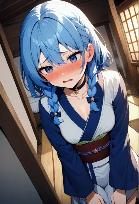 NSFW,masterpiece,Best Quality,High resolution,Very detailed,One girl,Star Town Suisei(Hololive),blue eyes,Blue Hair,Choker,Hair between the eyes,Medium Hair,Braids,スターChoker,Small breasts,kimono,Mini kimono,Long sleeve,blush,Embarrassed,Troubled face,Japan...