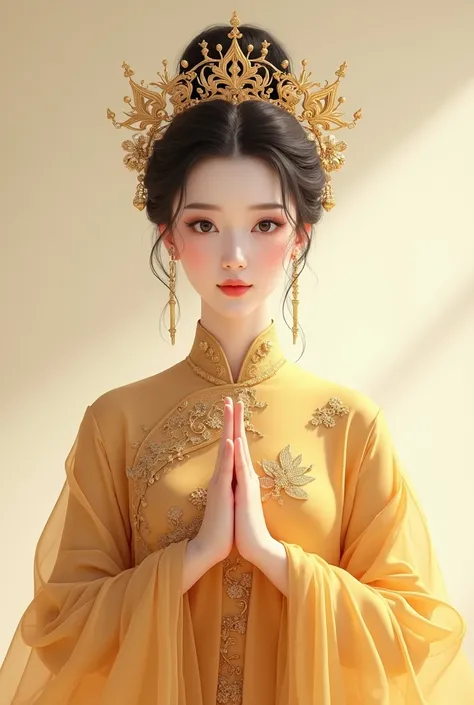 Chinese woman in golden dress posing for a photo. Chinese anime girl, symmetrical hands, intricately detailed crown, beautiful makeup, inspired by Juliette Leong, wearing a honey colored dress. Female Goku. Beautiful fair-skinned woman. Unique and extraord...