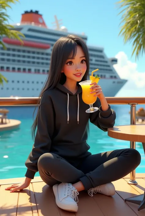 Girl in her 20’s, long black straight hair, wearing black sweatsuit with white sneakers, having piña colada at restaurant by pool at large cruise ship . Pixar 