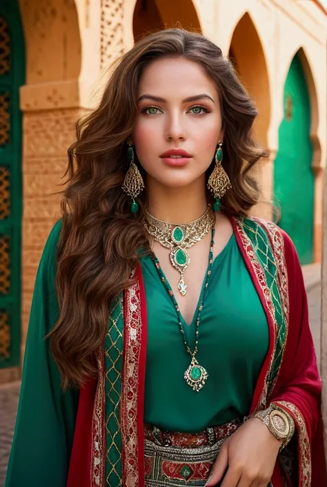 Beautiful young woman with long wavy brown hair, emerald green eyes, full lips and generous curves, wearing a modern yet traditional Moroccan-style outfit with intricate jewelry, standing in a vibrant city street in Rabat, Morocco, 4k, high resolution, pho...