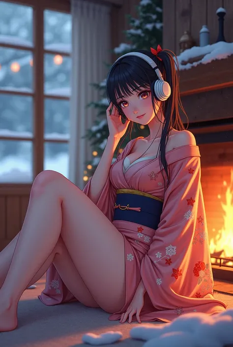 Picture perfect, 8k, winter, high school girl, anime style beauty,((big boobs)), ((cleavage)), kimono, using headphones, fireplace, 2D style animation, Lo-Fi, retro, emotional, anime style illustration.