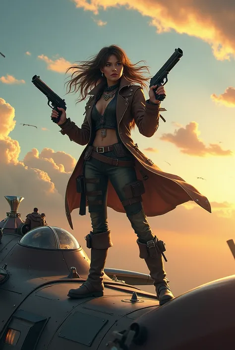 future sky PIRATE WOMAN WITH GUNS IN HER HAND LONG HAIR、airship
