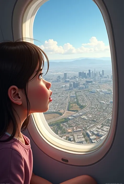 Give me a picture where a girl seeing Los Angeles from aeroplane. 