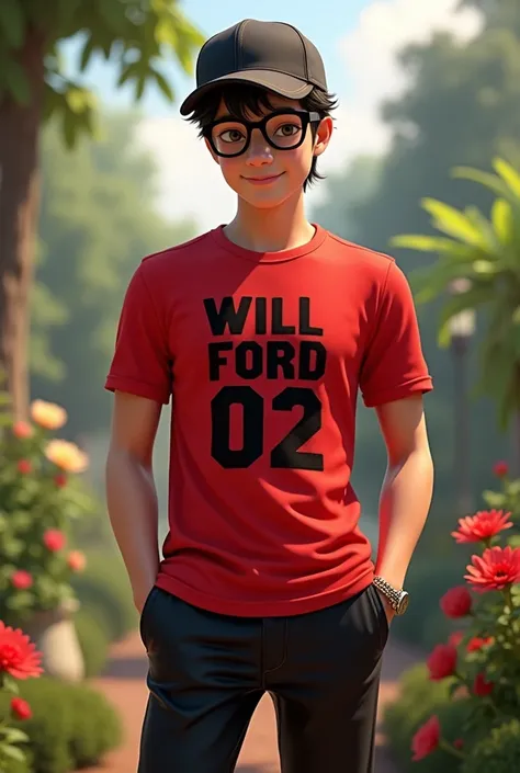 Adrien agreste avec un t-shirt rouge qui...et un pantalon noir...et une casquette...sur le t-shirt il y a ecit " will ford 02 " et en arrière plan cest un jolie jardin